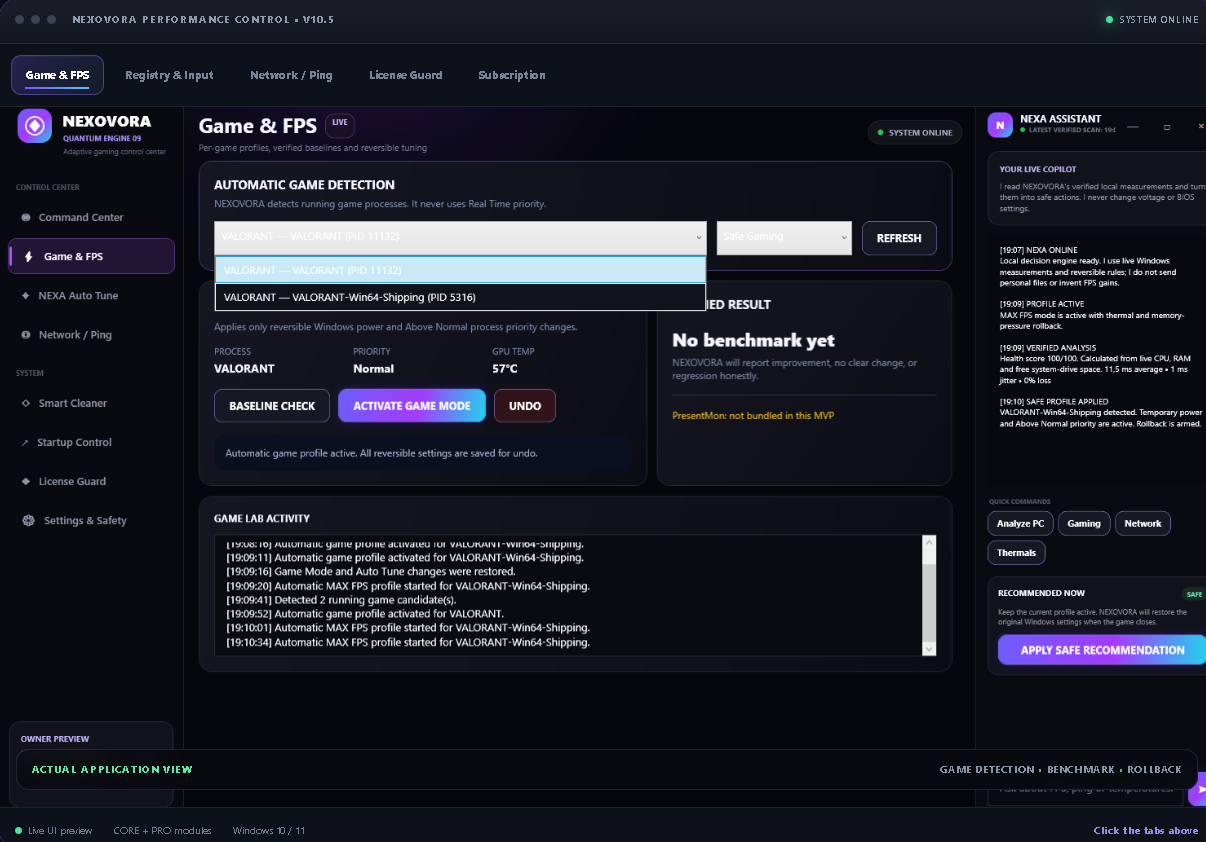 NEXOVORA V10.5 Game and FPS dashboard showing game detection, benchmark controls and NEXA assistant