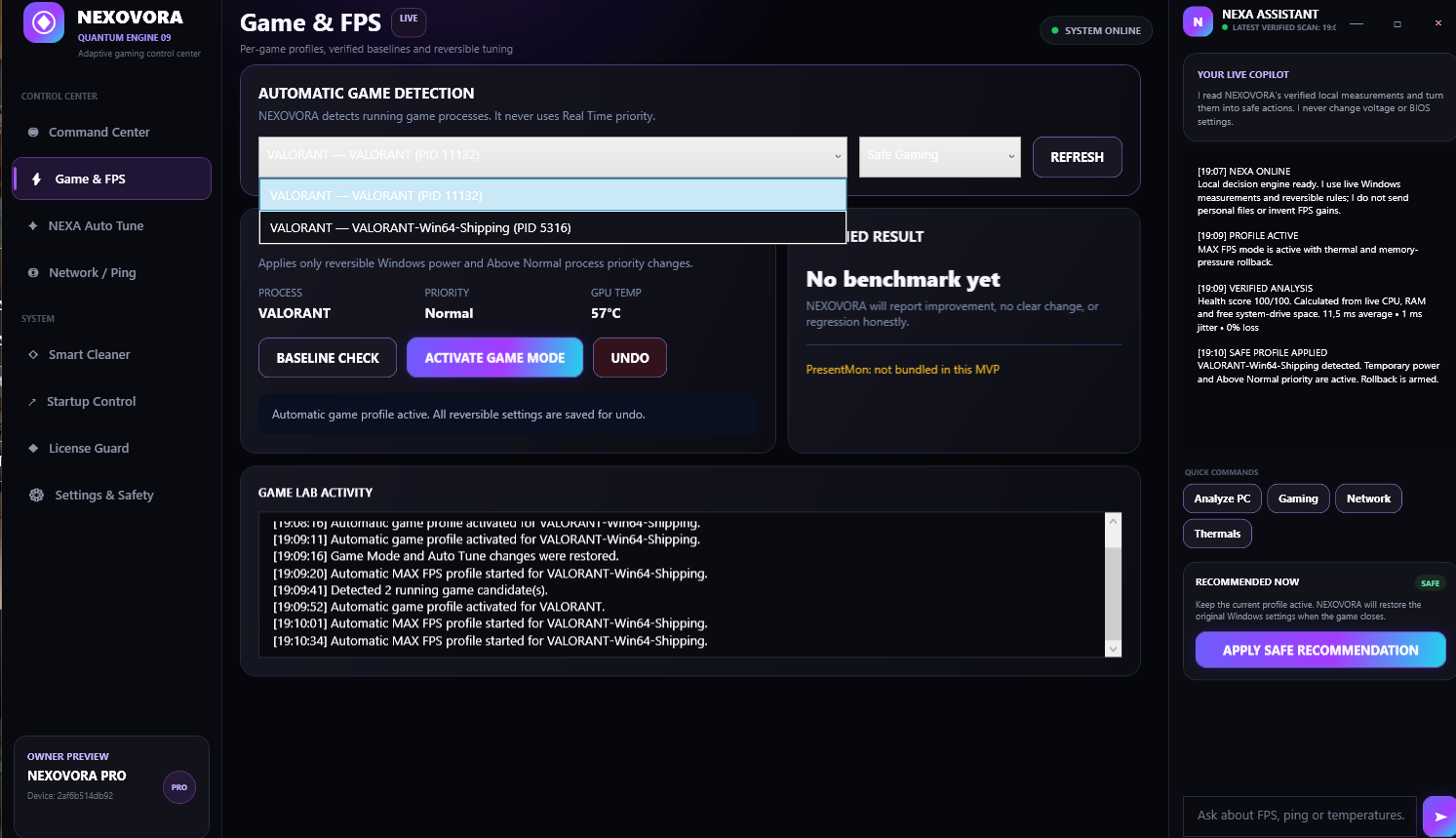 NEXOVORA Game and FPS dashboard showing game detection, benchmark controls and NEXA assistant